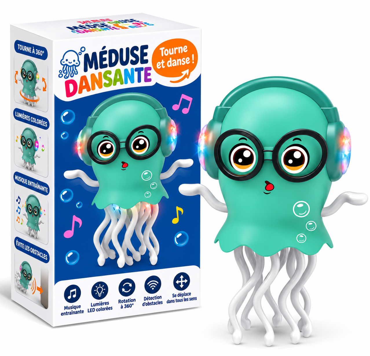 Jouet méduse dansante vert menthe avec lumières LED, packaging Méduse Dansante