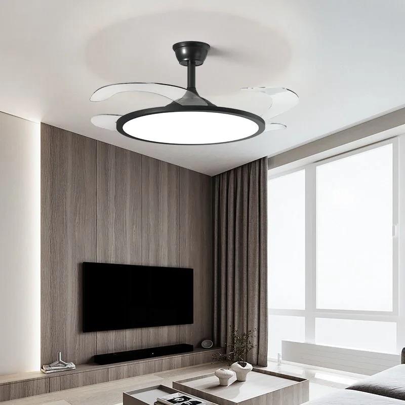 Ventilateur de plafond invisible noir avec éclairage LED face à un meuble TV